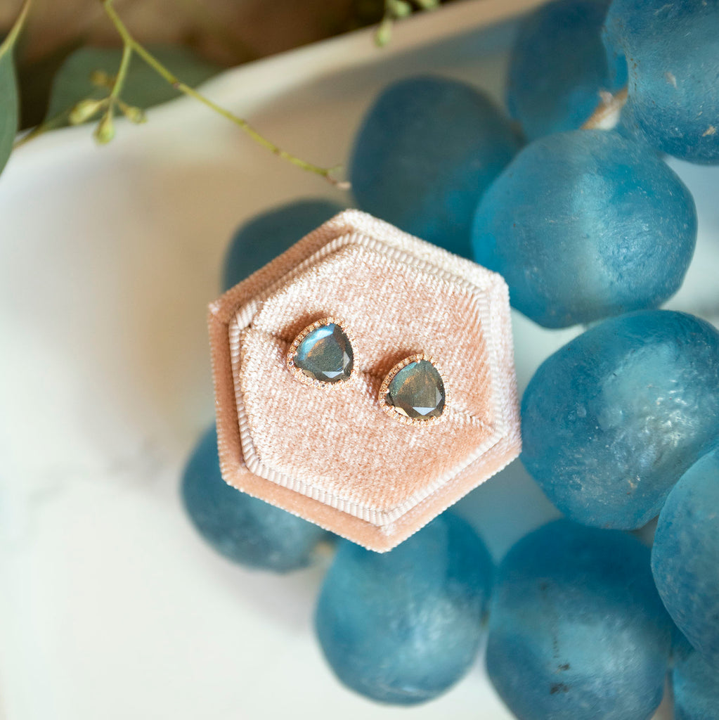 Labradorite and Diamond Halo Studs in 14k Rose Gold