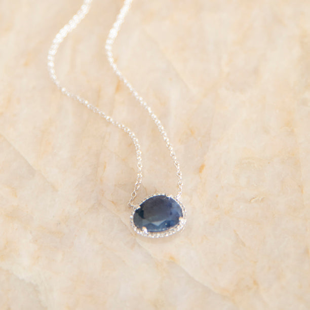 Organic shaped Blue Sapphire and Diamond Halo Necklace in 14k White Gold