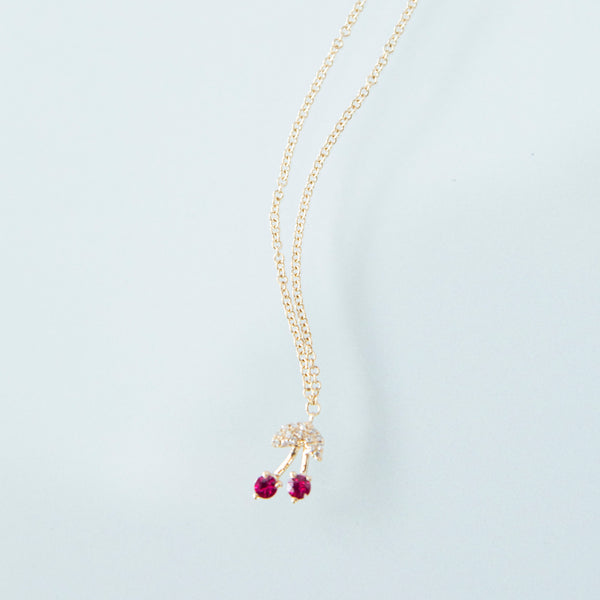 Ruby and Diamond Cherry Necklace in 14k Yellow Gold