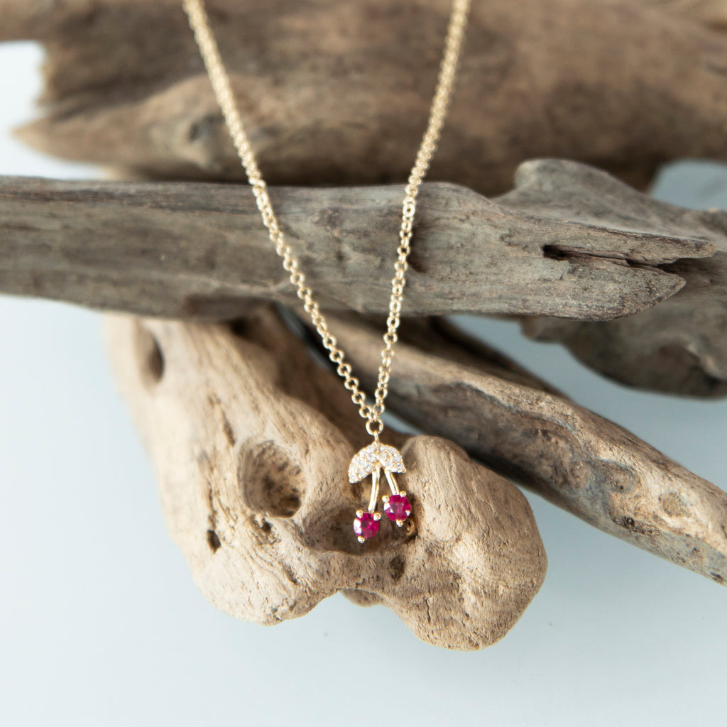 Ruby and Diamond Cherry Necklace in 14k Yellow Gold