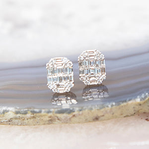 Deco Diamond Mosaic Stud Earrings in 18k White Gold