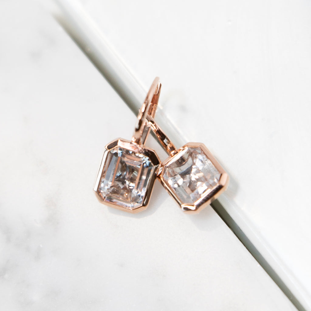 Bezel Set Emerald Cut White Topaz Earrings in Rose Gold