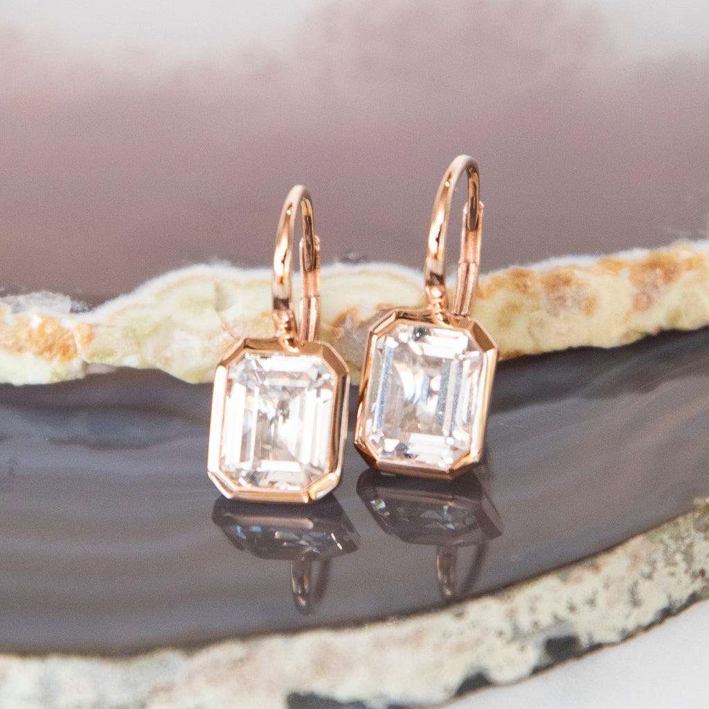 Bezel Set Emerald Cut White Topaz Earrings in Rose Gold