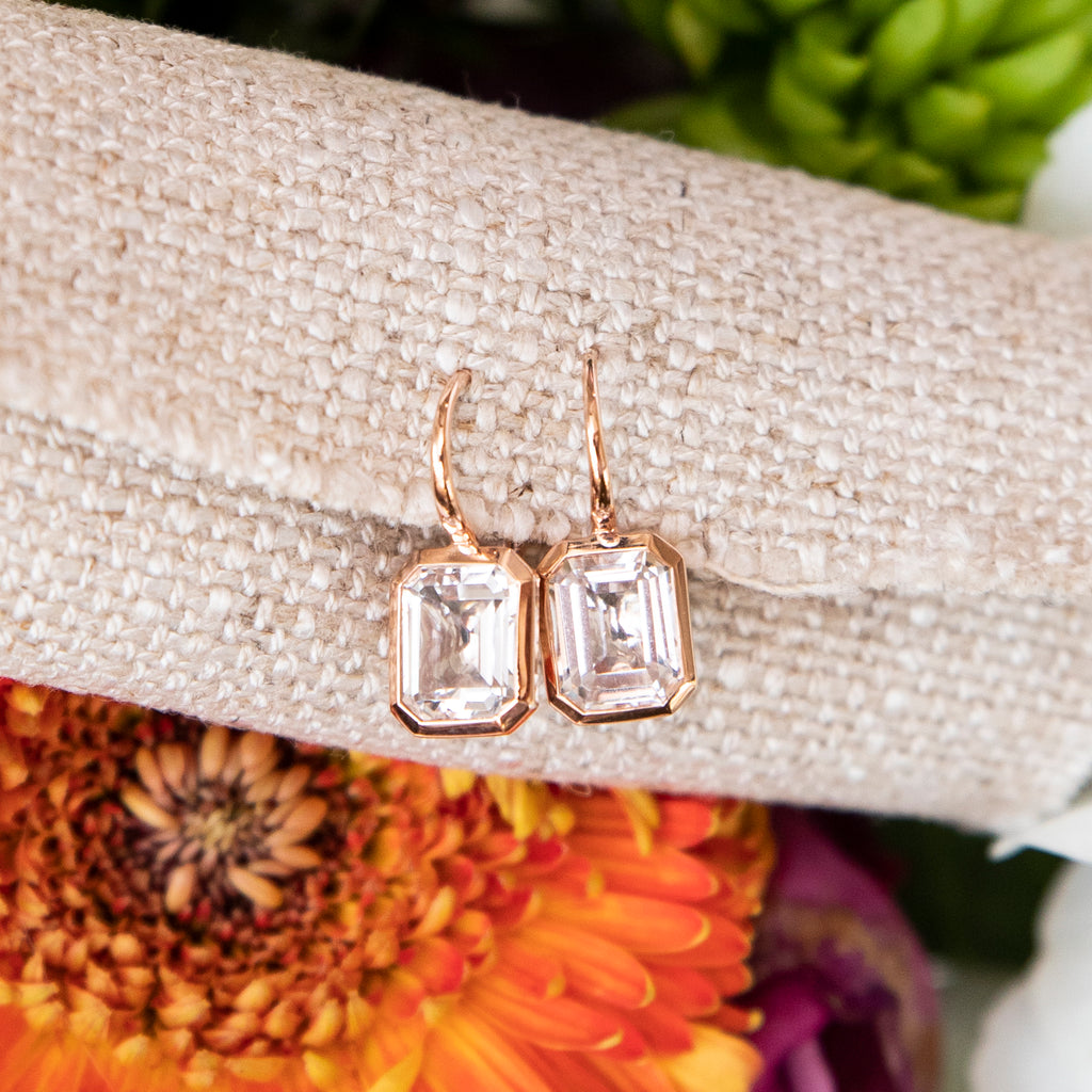 Bezel Set Emerald Cut White Topaz Earrings in Rose Gold