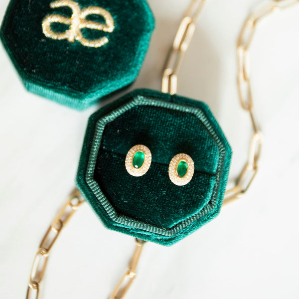 Oval Cut Emerald and Diamond Pave Halo Stud Earrings