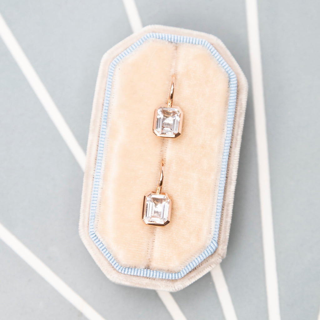 Bezel Set Emerald Cut White Topaz Earrings in Rose Gold