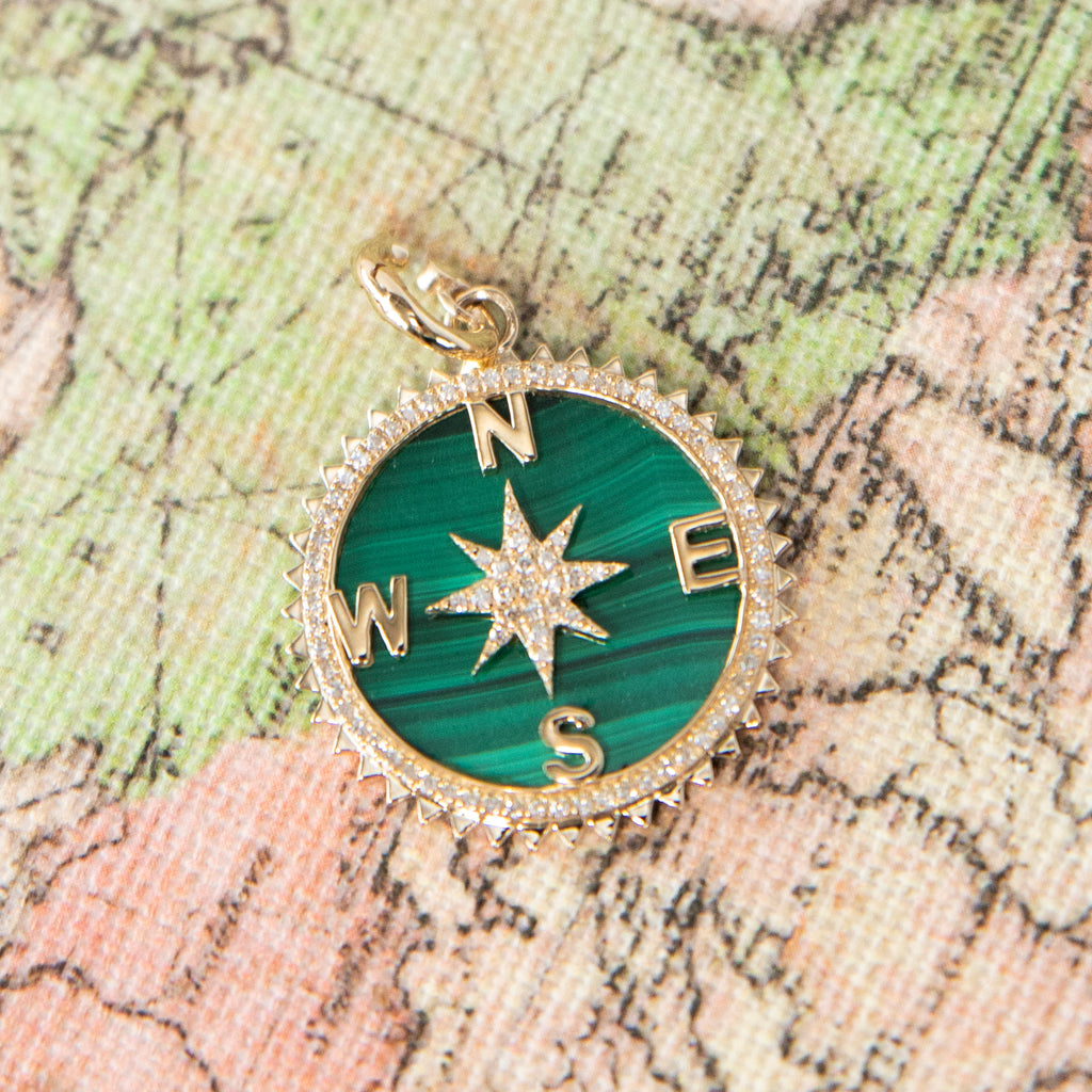 Malachite and Diamond Compass Charm Pendant