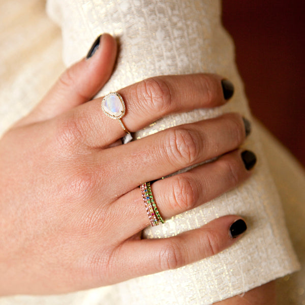 Organic shaped Moonstone Ring with Diamond Halo