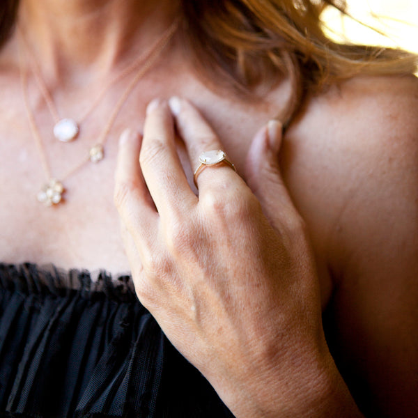 Organic shaped Moonstone Ring with Diamond Halo