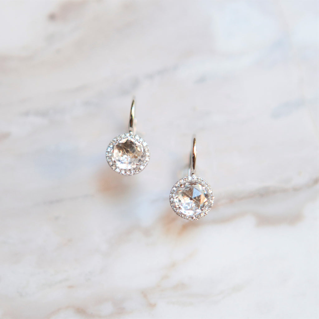 Rose Cut White Topaz and Diamond Halo Earrings