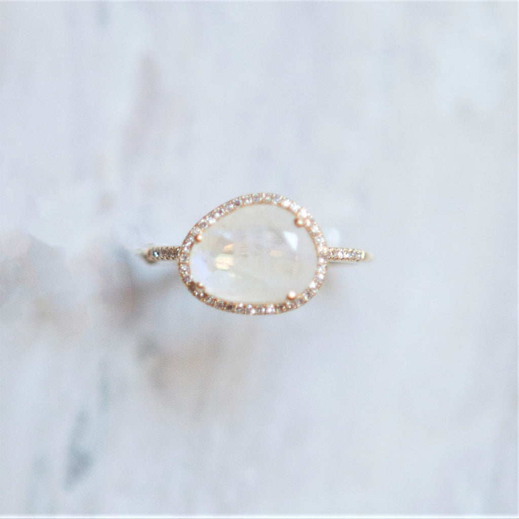 Organic shaped Moonstone Ring with Diamond Halo