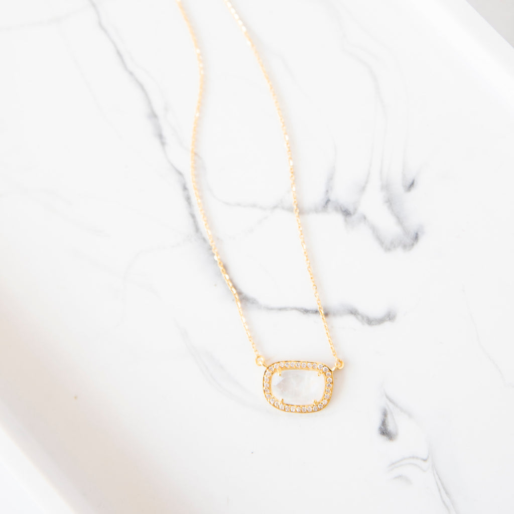 Moonstone and Diamond Halo Necklace in 14k Yellow Gold