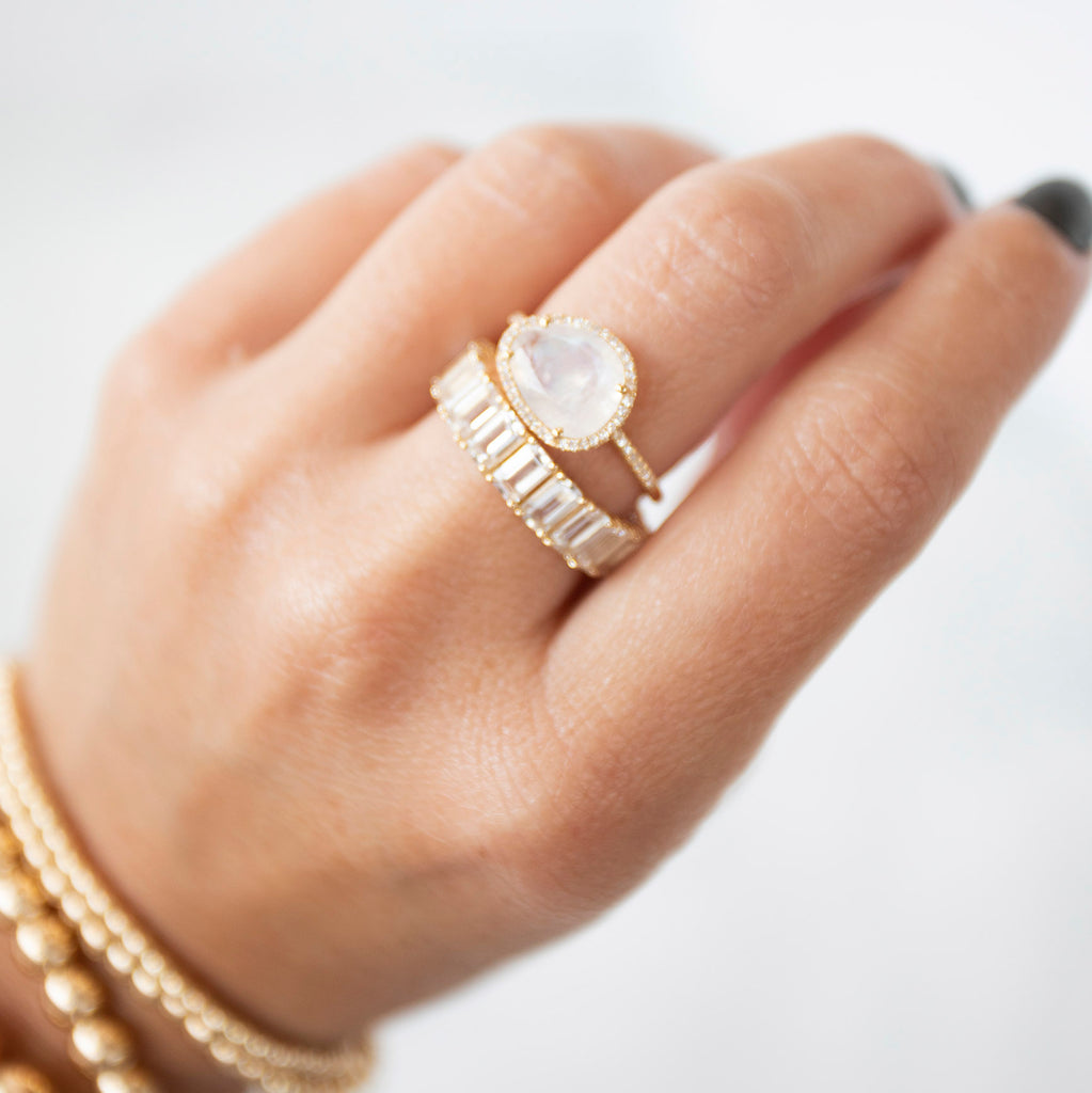 Organic shaped Moonstone Ring with Diamond Halo