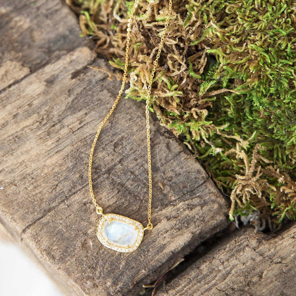 Moonstone and Diamond Halo Necklace in 14k Yellow Gold