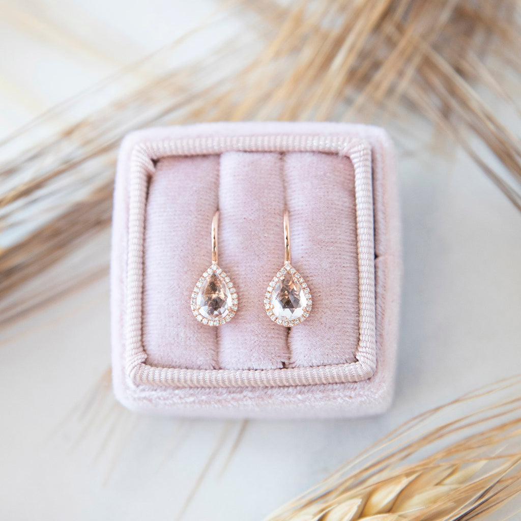 Pear Shaped Rose Cut White Topaz Diamond Halo Earrings