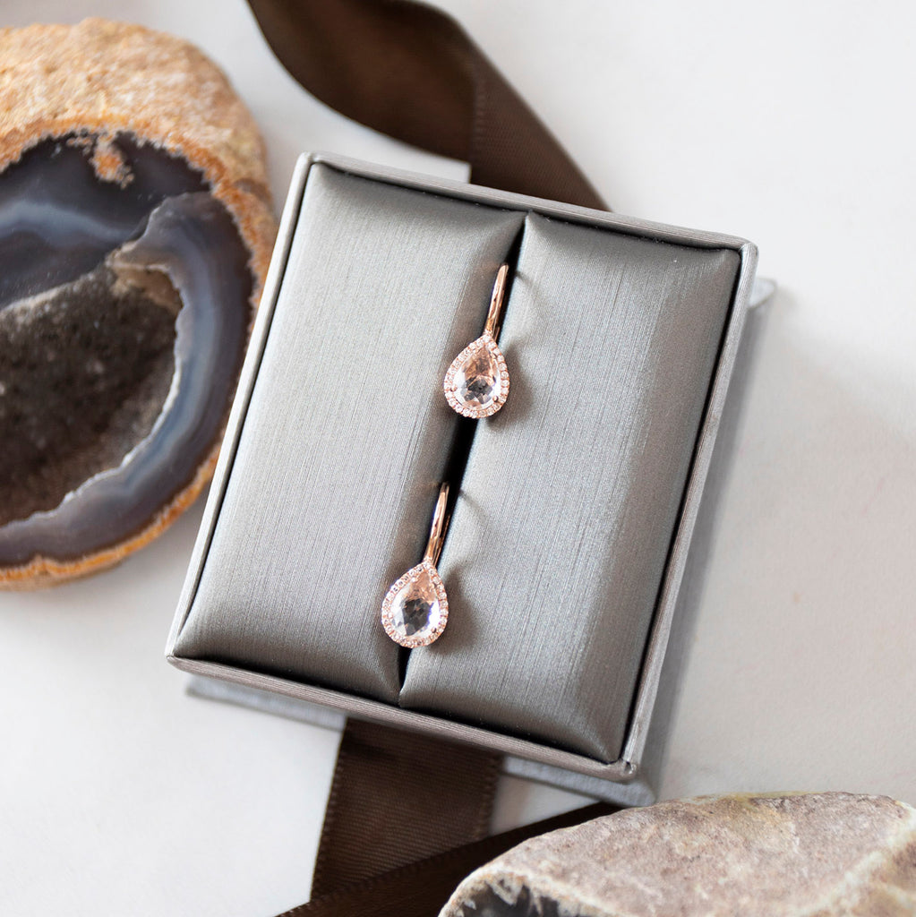 Pear Shaped Rose Cut White Topaz Diamond Halo Earrings