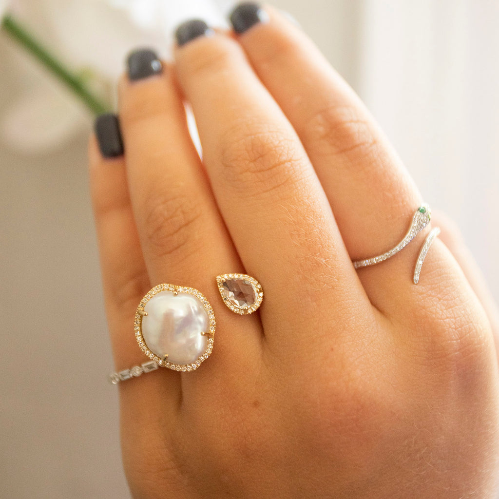 Rosecut White Topaz and Baroque Pearl Duo Ring