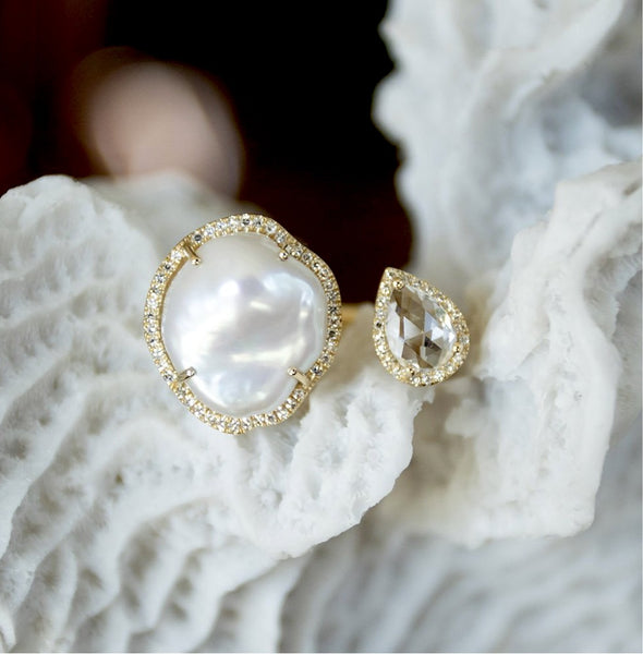 Rosecut White Topaz and Baroque Pearl Duo Ring