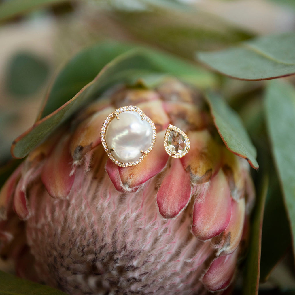 Rosecut White Topaz and Baroque Pearl Duo Ring