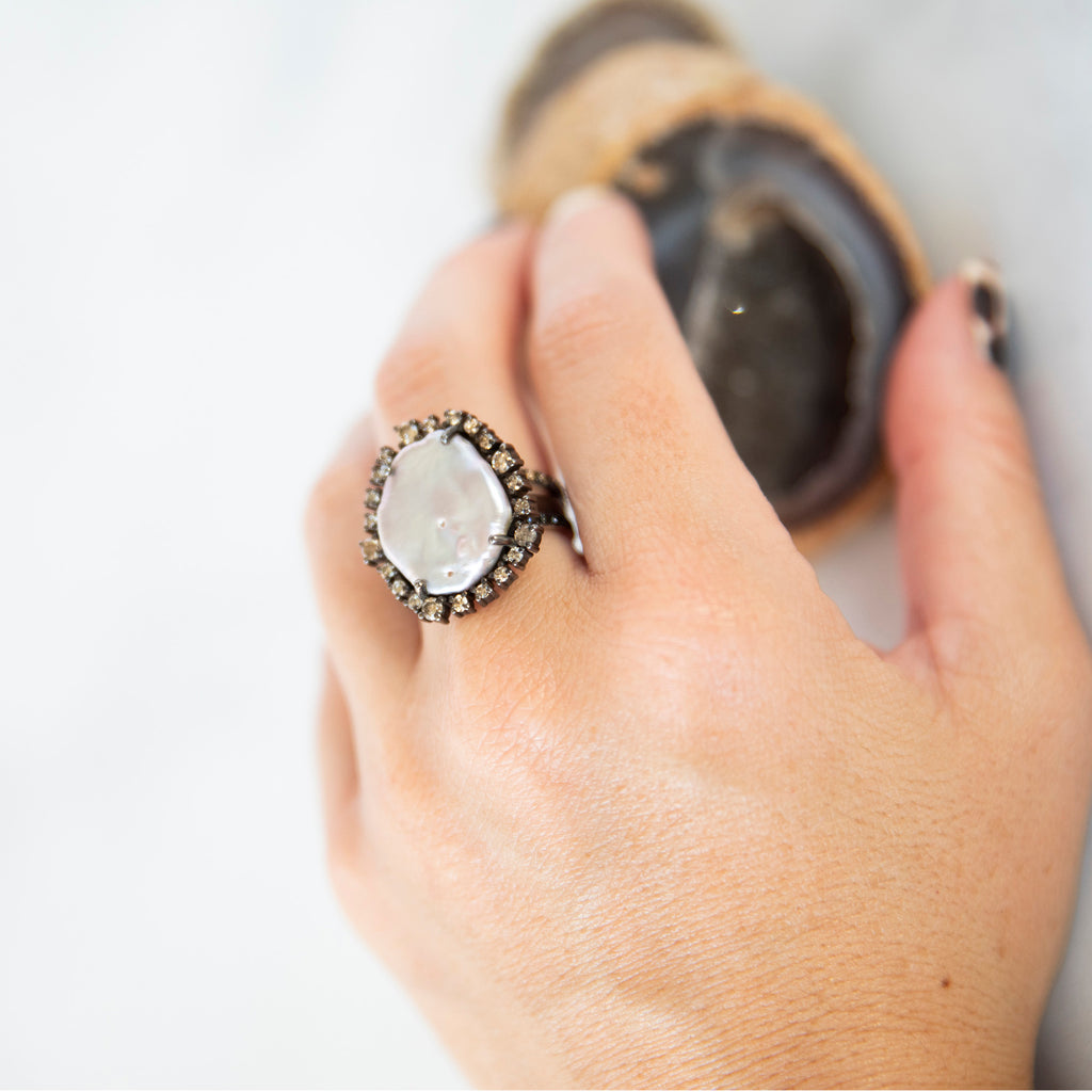 Natural Pearl and Champagne Diamond Ring