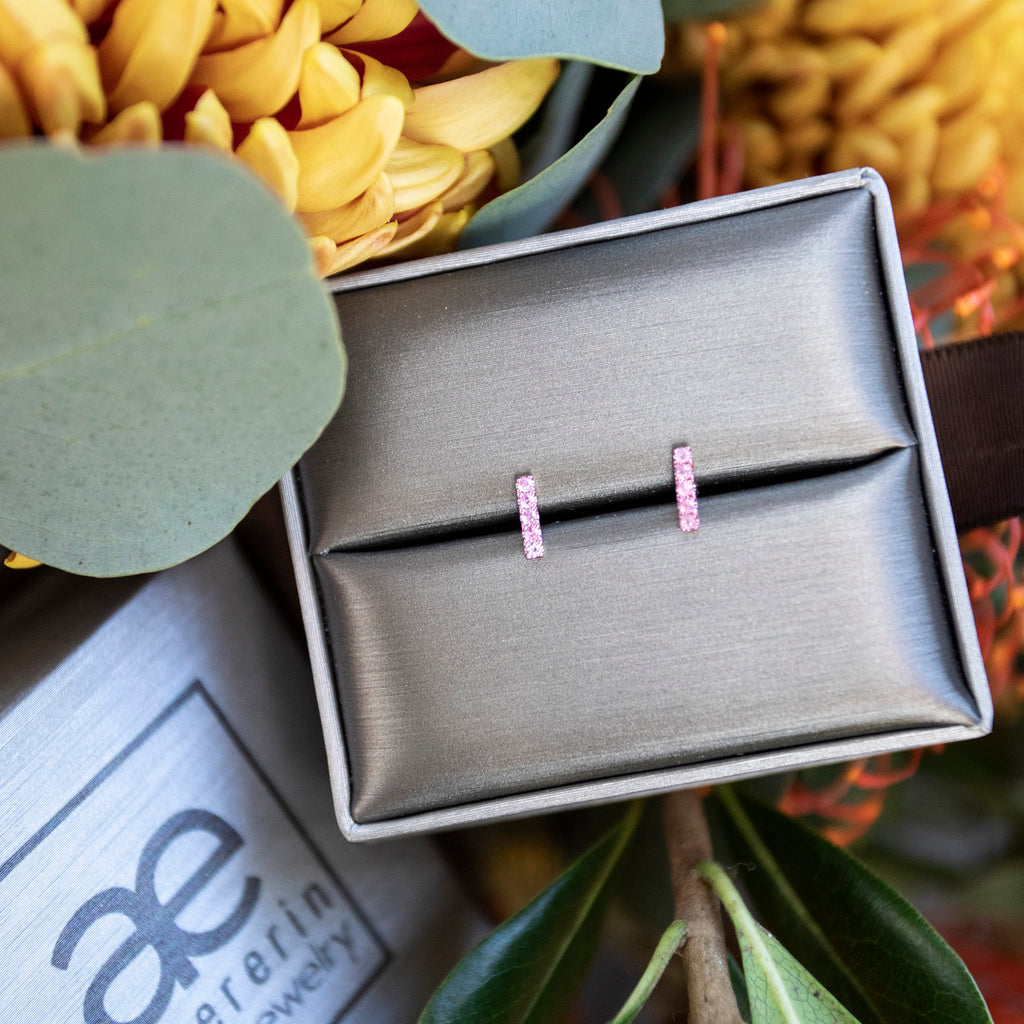 Pink Sapphire and 14k Rose Gold Diamond Bar Studs