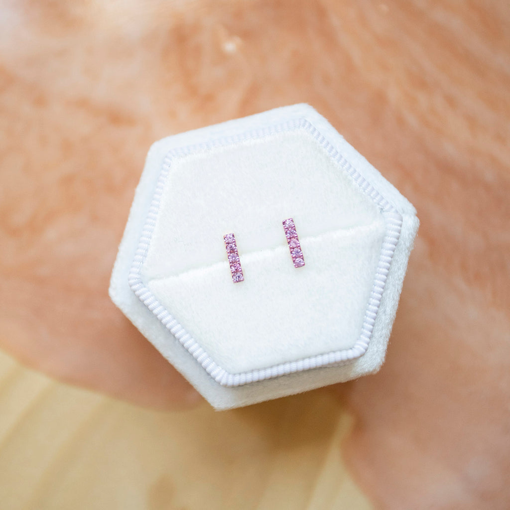 Pink Sapphire and 14k Rose Gold Diamond Bar Studs