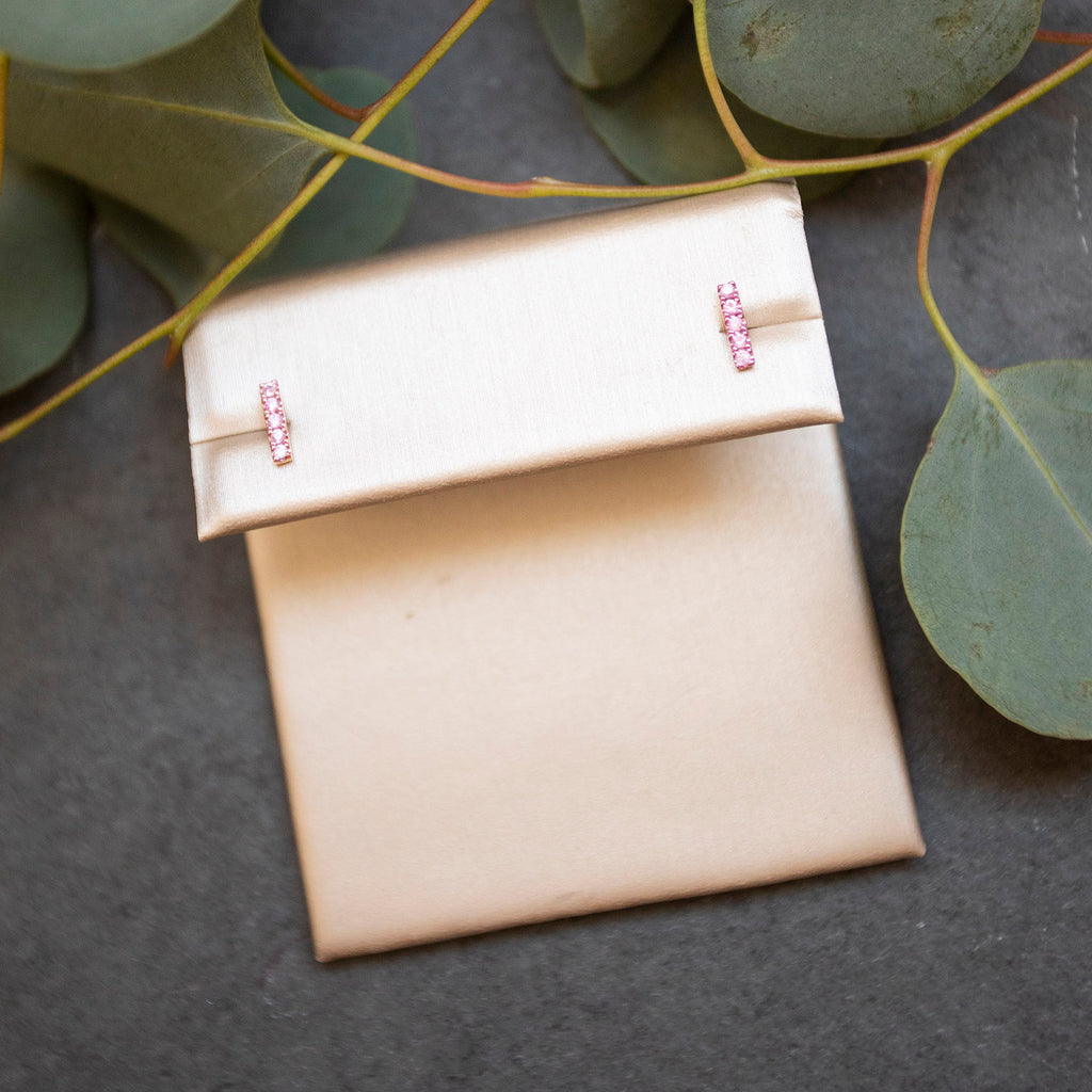 Pink Sapphire and 14k Rose Gold Diamond Bar Studs