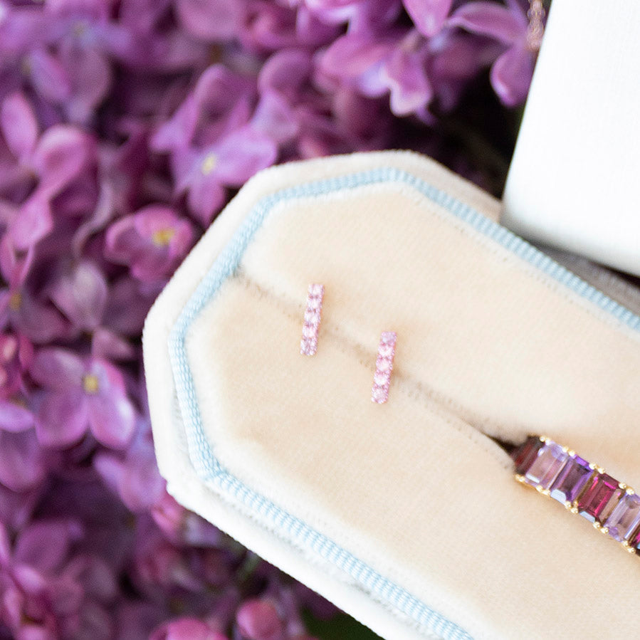 Pink Sapphire and 14k Rose Gold Diamond Bar Studs
