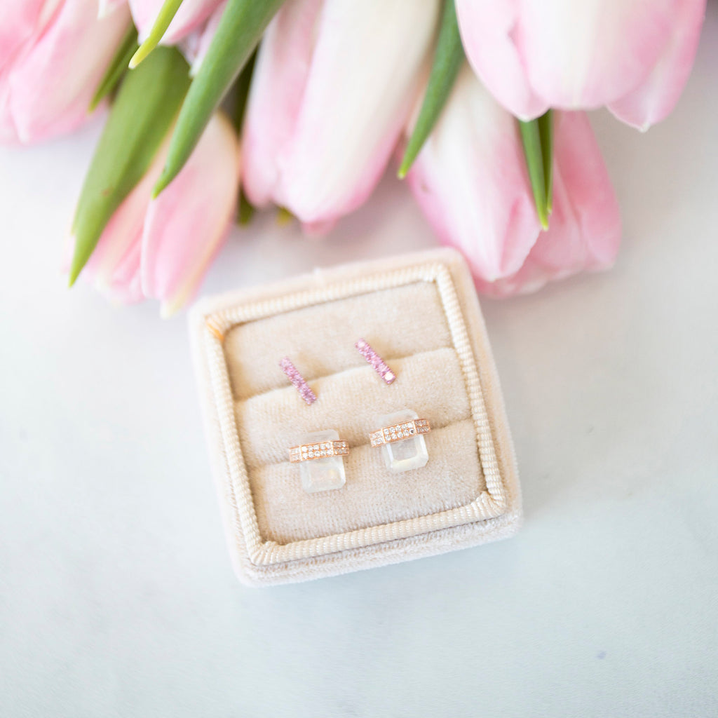 Pink Sapphire and 14k Rose Gold Diamond Bar Studs