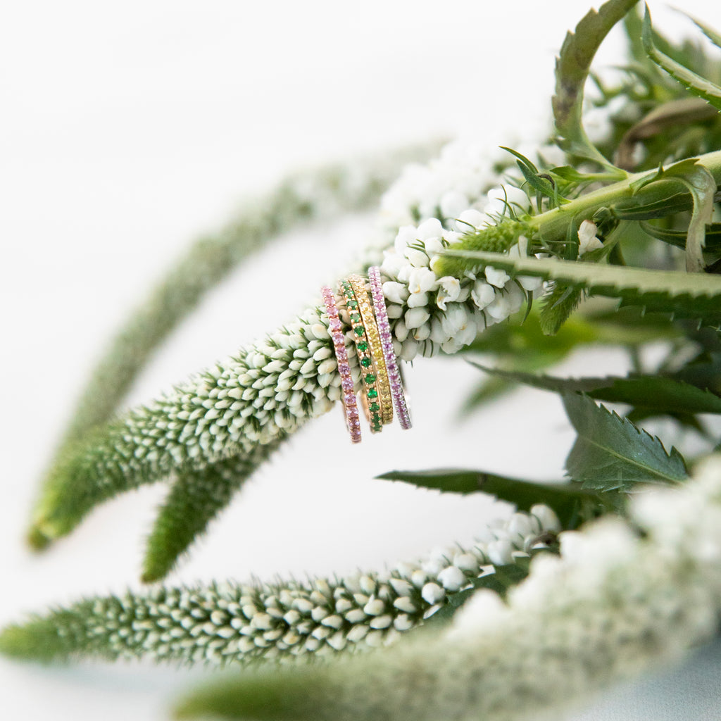 Green Garnet Eternity Band in 14k Yellow Gold