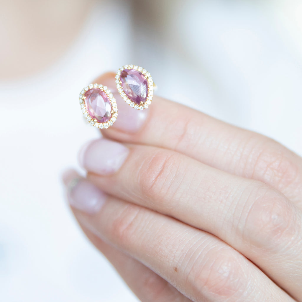 Modern Rose cut Pink Sapphire Diamond Halo Duo Ring