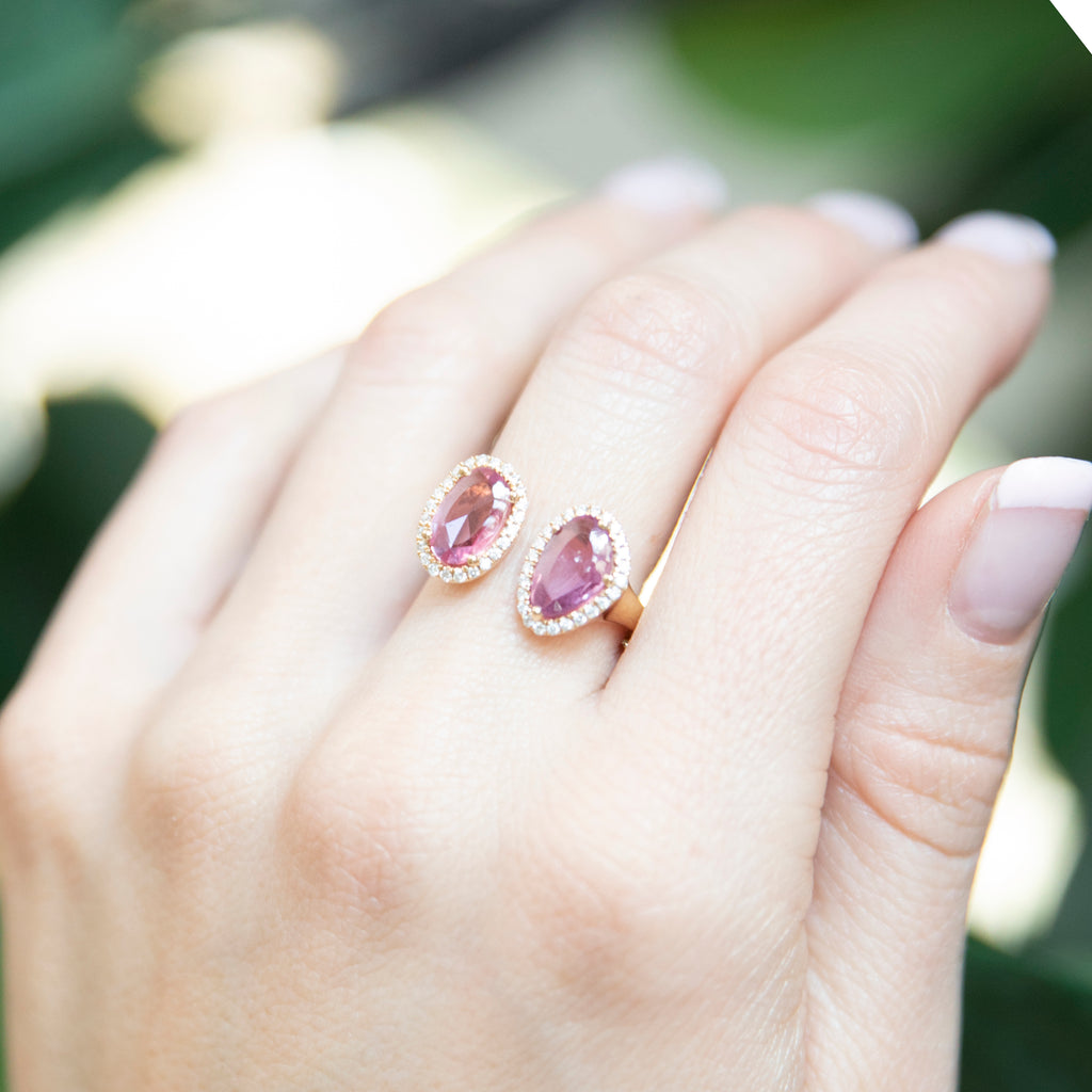 Modern Rose cut Pink Sapphire Diamond Halo Duo Ring