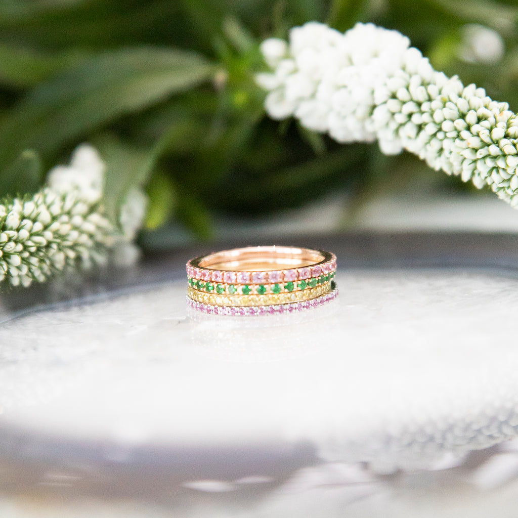 Green Garnet Eternity Band in 14k Yellow Gold