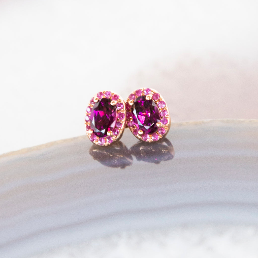 Oval Rhodolite Garnet and Rubellite Tourmaline Halo Stud Earrings in 14k Rose Gold