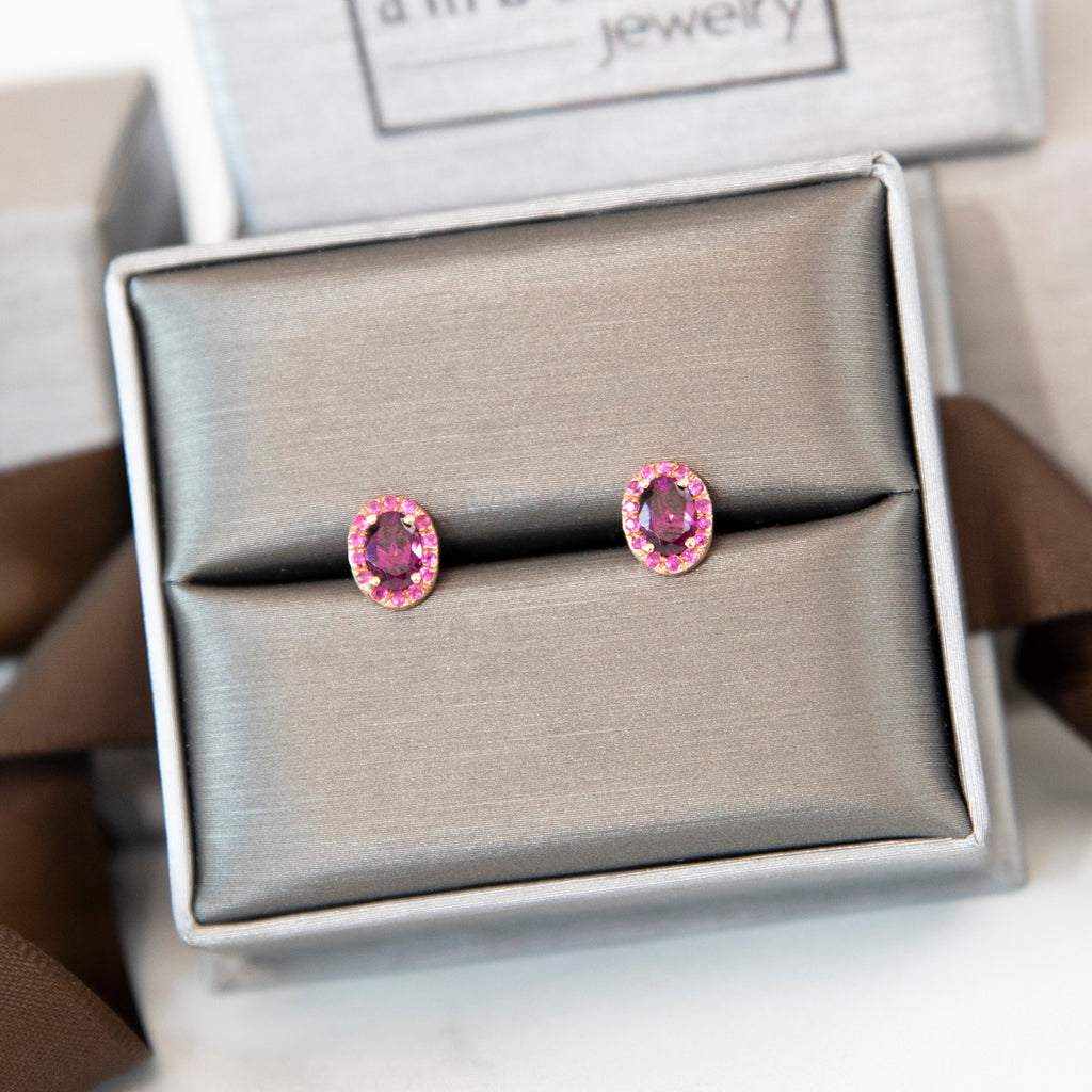 Oval Rhodolite Garnet and Rubellite Tourmaline Halo Stud Earrings in 14k Rose Gold