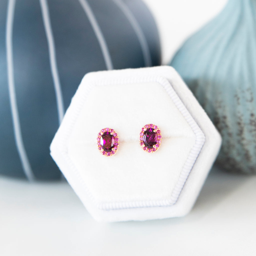 Oval Rhodolite Garnet and Rubellite Tourmaline Halo Stud Earrings in 14k Rose Gold