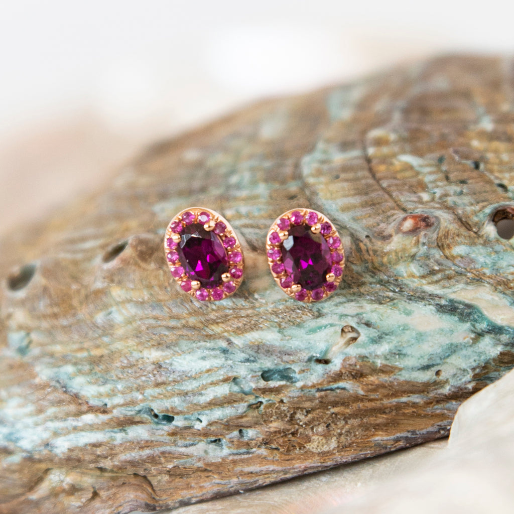 Oval Rhodolite Garnet and Rubellite Tourmaline Halo Stud Earrings in 14k Rose Gold