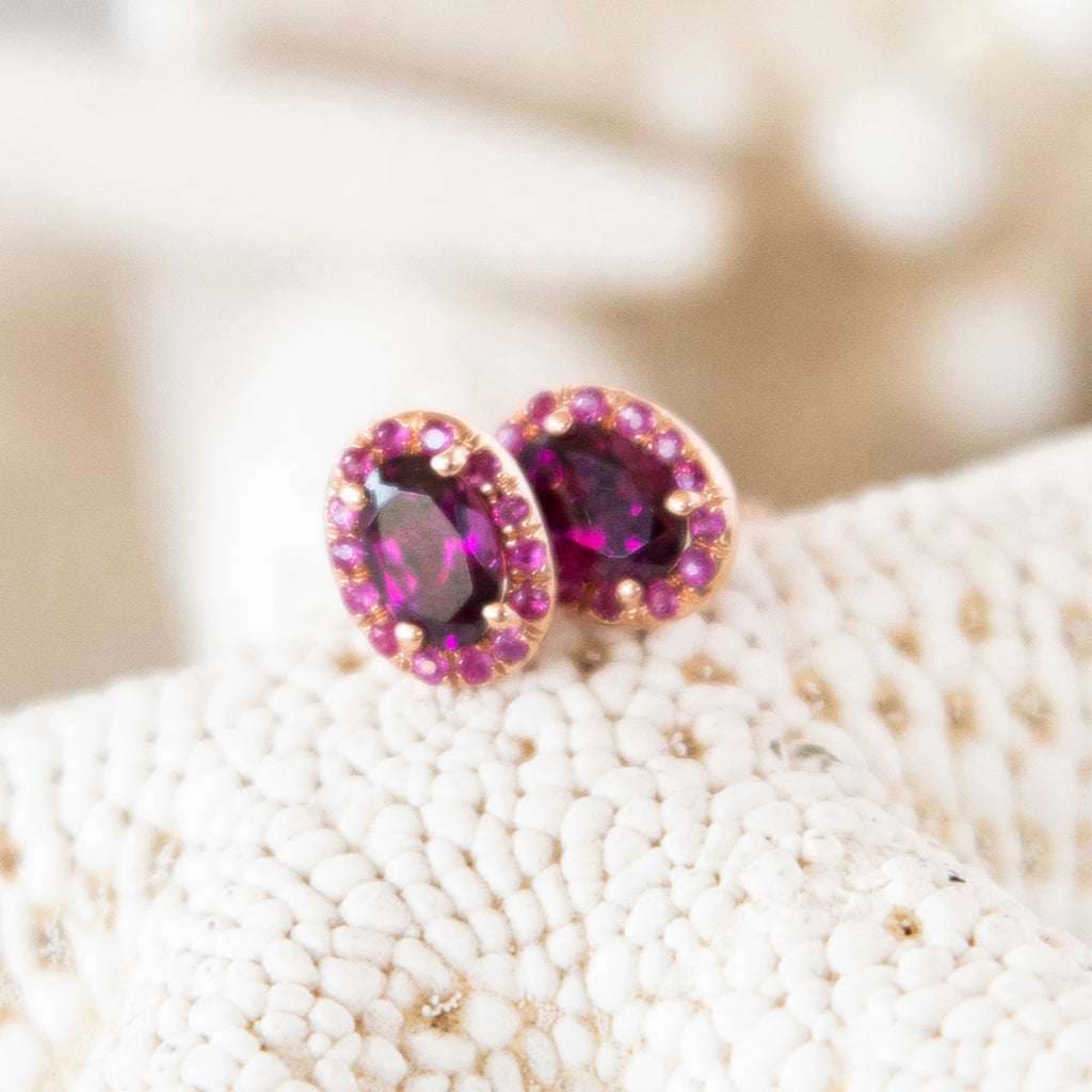 Oval Rhodolite Garnet and Rubellite Tourmaline Halo Stud Earrings in 14k Rose Gold