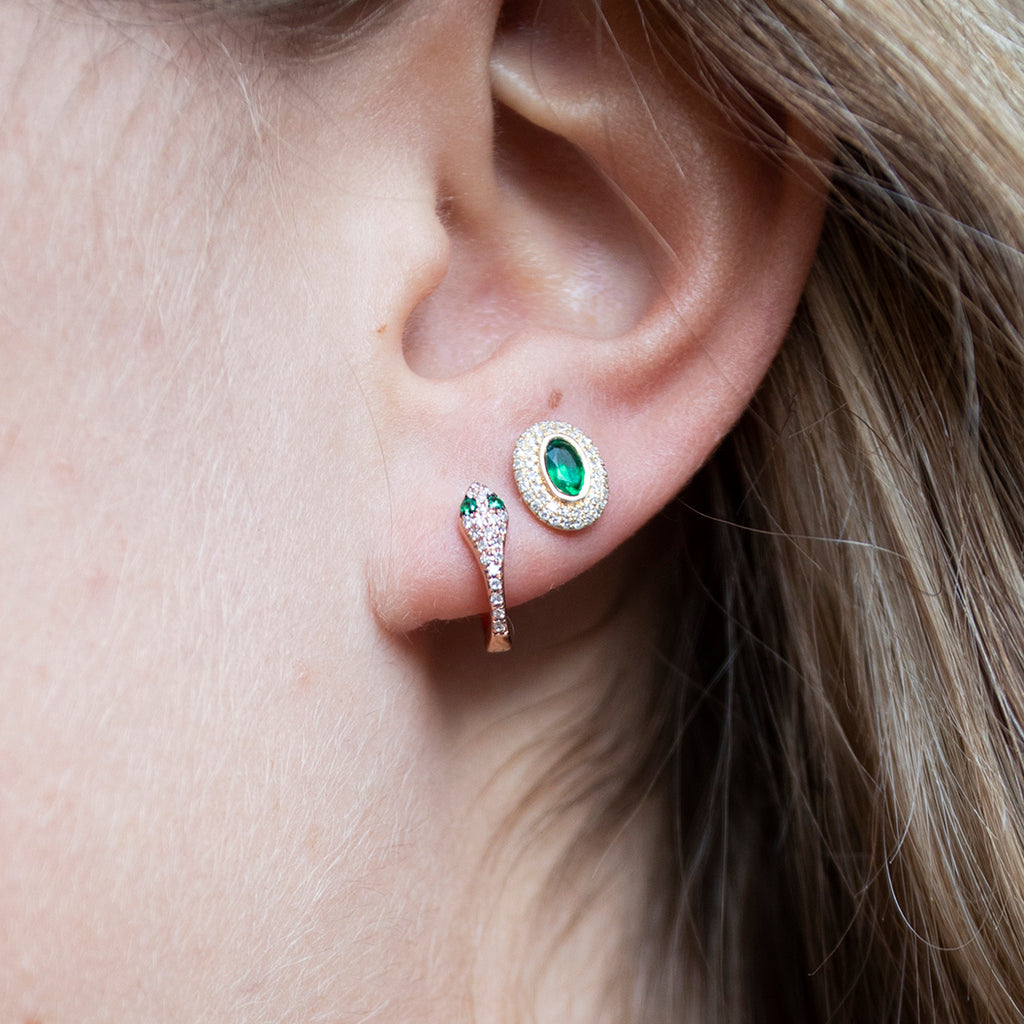 Diamond Snake Huggies in Rose Gold with Emerald Eyes