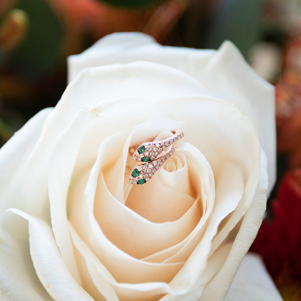 Diamond Snake Huggies in Rose Gold with Emerald Eyes