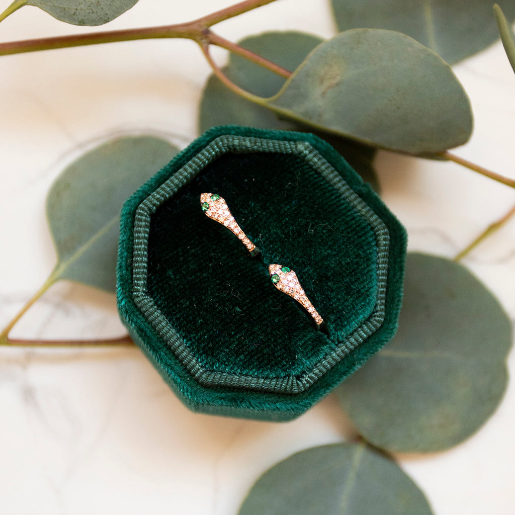 Diamond Snake Huggies in Rose Gold with Emerald Eyes
