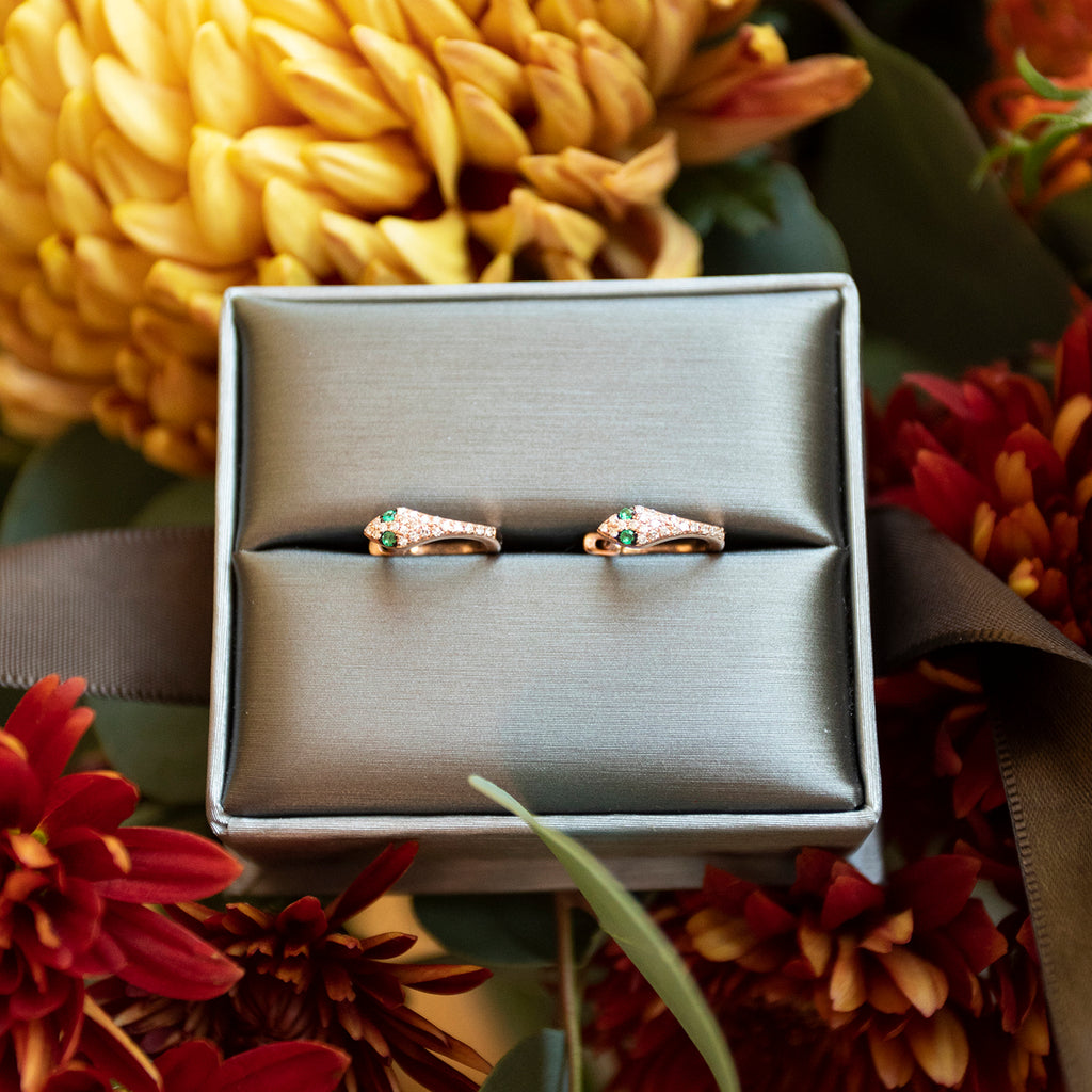 Diamond Snake Huggies in Rose Gold with Emerald Eyes