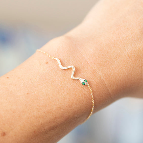 Emerald and Diamond Snake Bracelet in 14k Yellow Gold