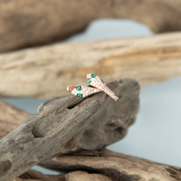 Diamond Snake Huggies in Rose Gold with Emerald Eyes