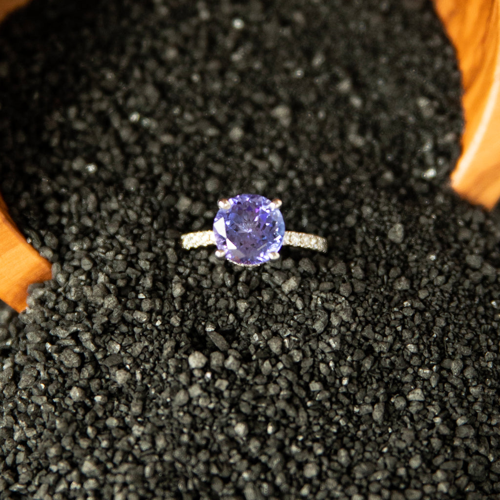 Bespoke 18k Diamond and Tanzanite Cocktail Ring with Hidden Diamond Halo
