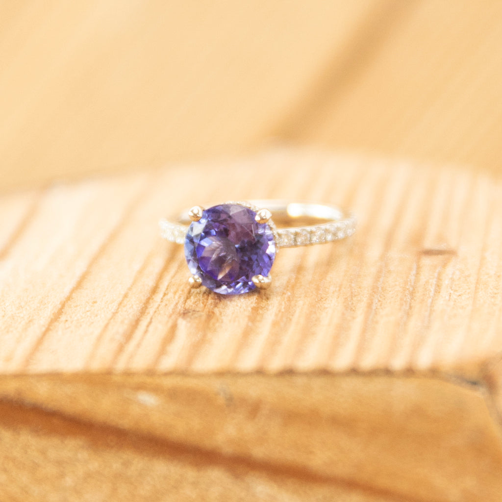 Bespoke 18k Diamond and Tanzanite Cocktail Ring with Hidden Diamond Halo