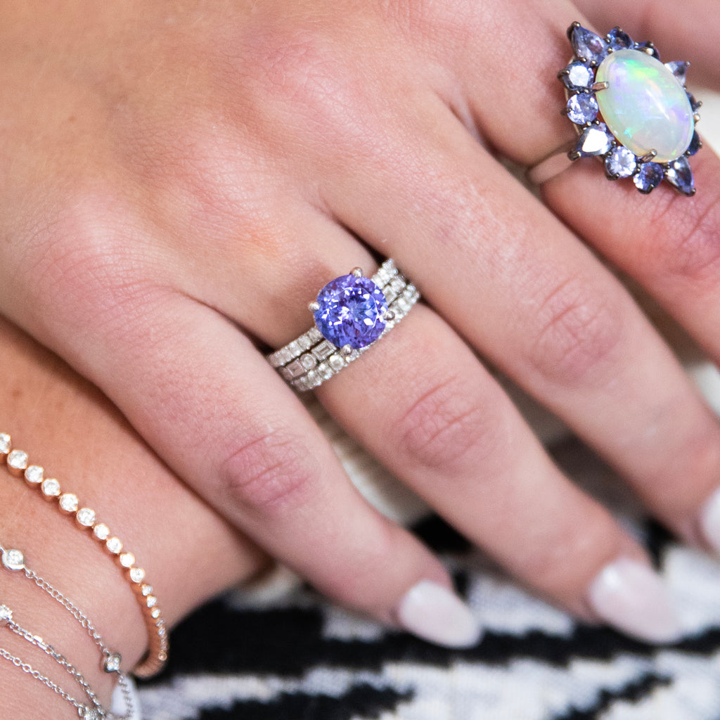 Bespoke 18k Diamond and Tanzanite Cocktail Ring with Hidden Diamond Halo