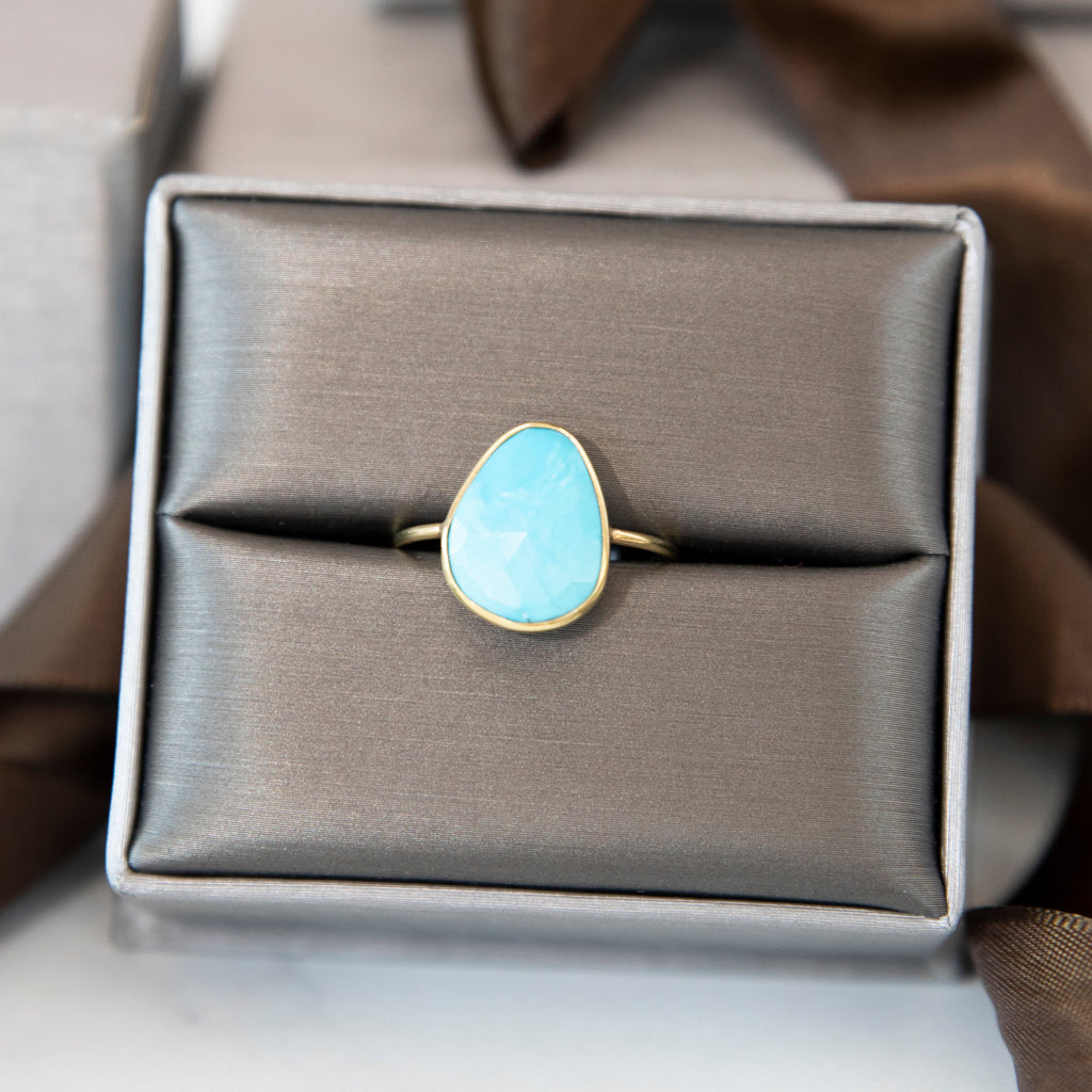 18k Bezel Set Boho Organic Oval Shaped Turquoise Ring