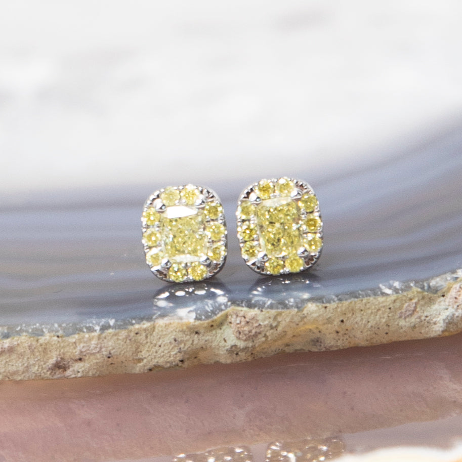 Bespoke Natural Cushion Cut Yellow Diamond Earrings with Yellow Diamond Halo