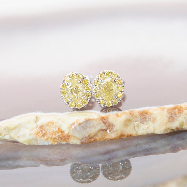 Bespoke Natural Oval Cut Yellow Diamond Earrings with Yellow Diamond Halo